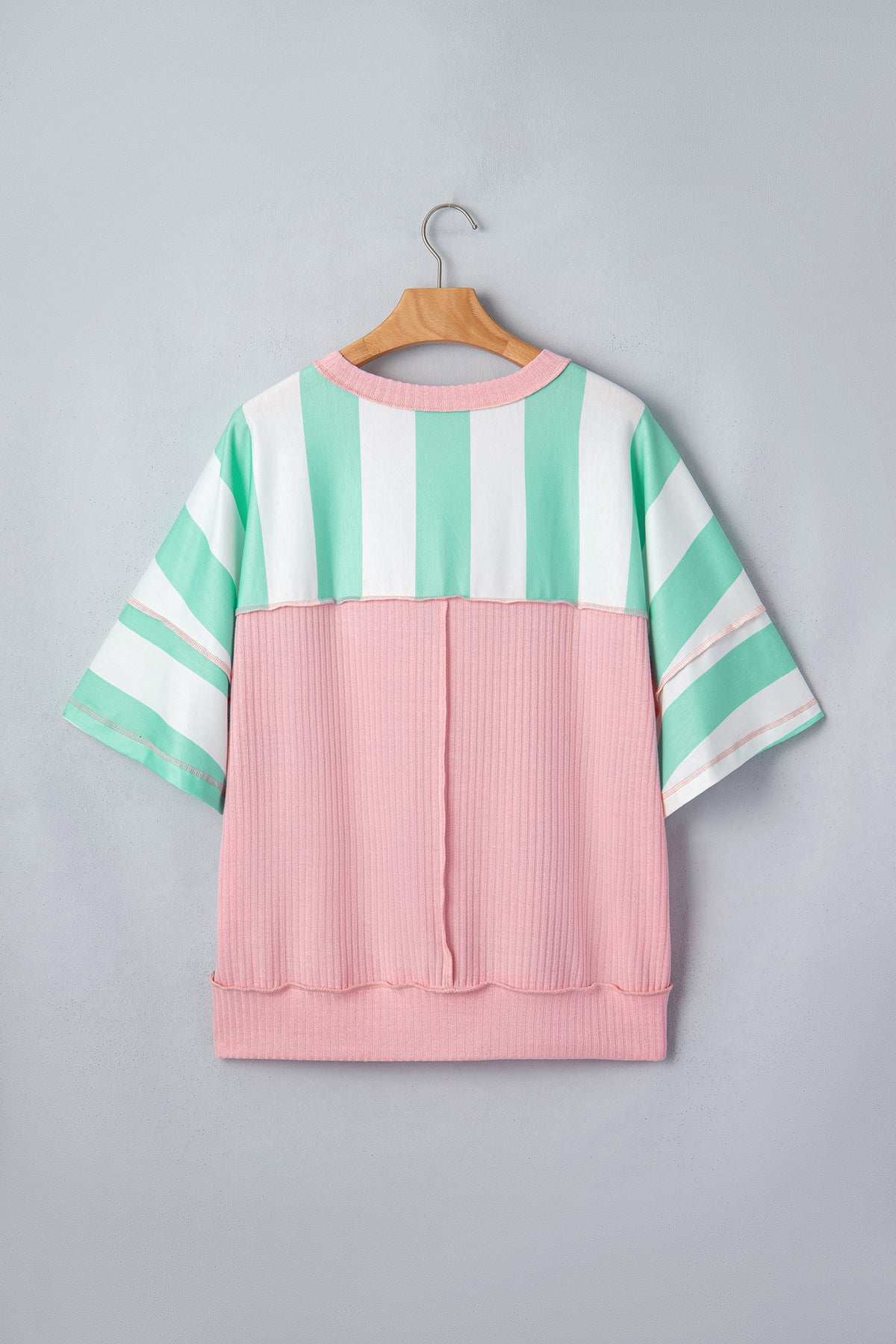 Mint Green & Cream Striped Oversized Top with Pink Contrasting Detail