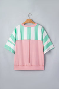 Mint Green & Cream Striped Oversized Top with Pink Contrasting Detail
