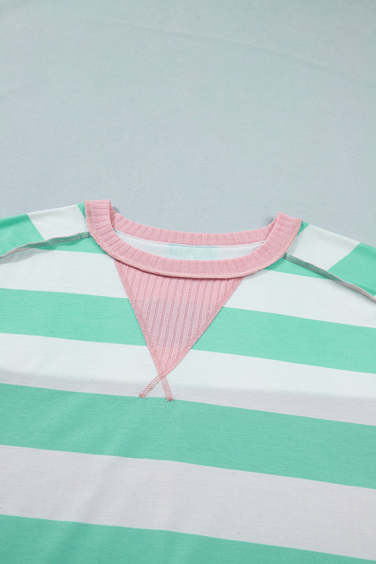 Mint Green & Cream Striped Oversized Top with Pink Contrasting Detail