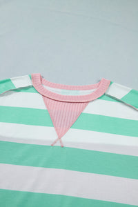 Mint Green & Cream Striped Oversized Top with Pink Contrasting Detail