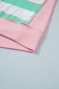 Mint Green & Cream Striped Oversized Top with Pink Contrasting Detail