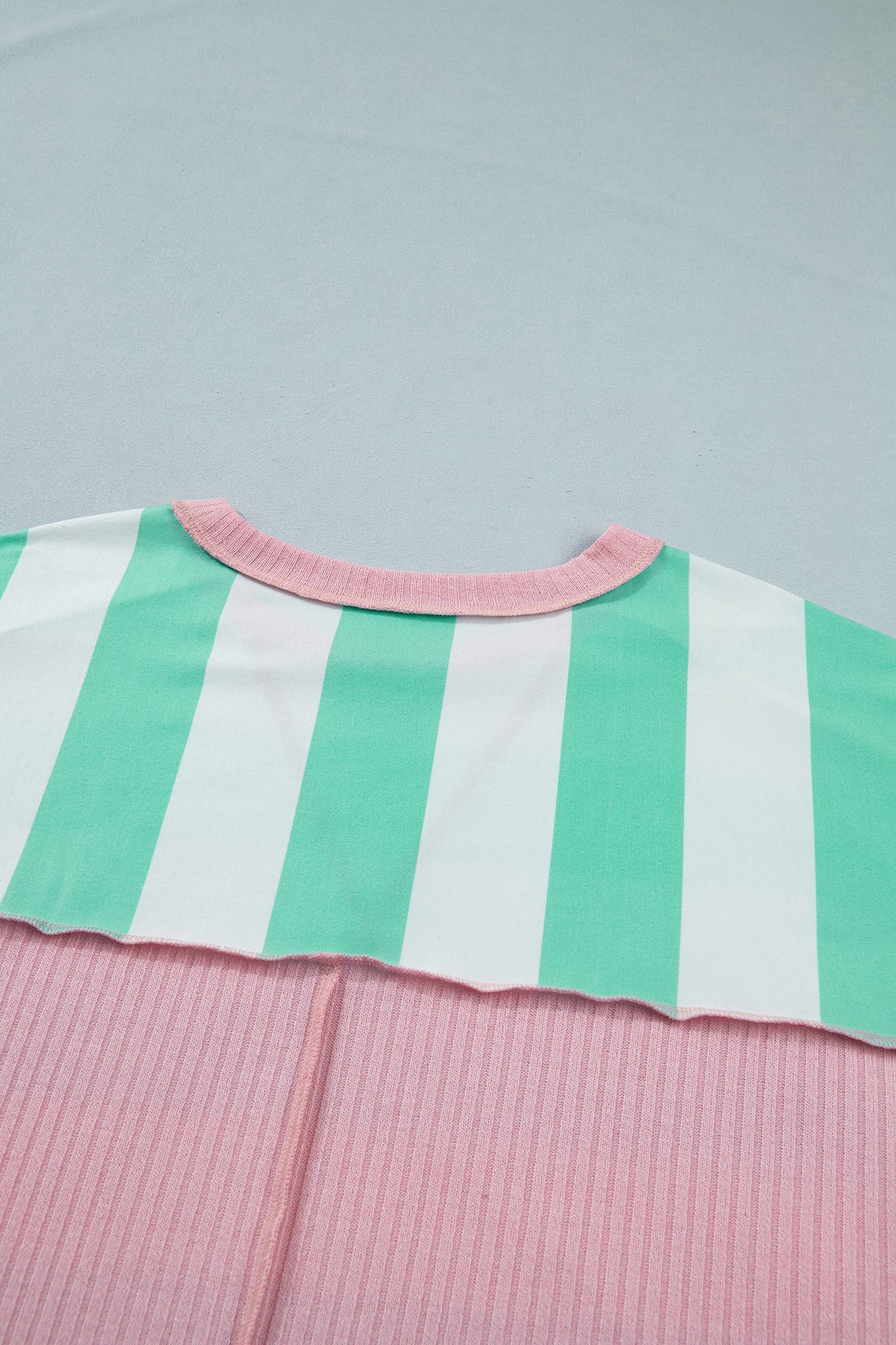 Mint Green & Cream Striped Oversized Top with Pink Contrasting Detail