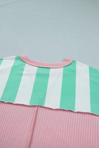 Mint Green & Cream Striped Oversized Top with Pink Contrasting Detail