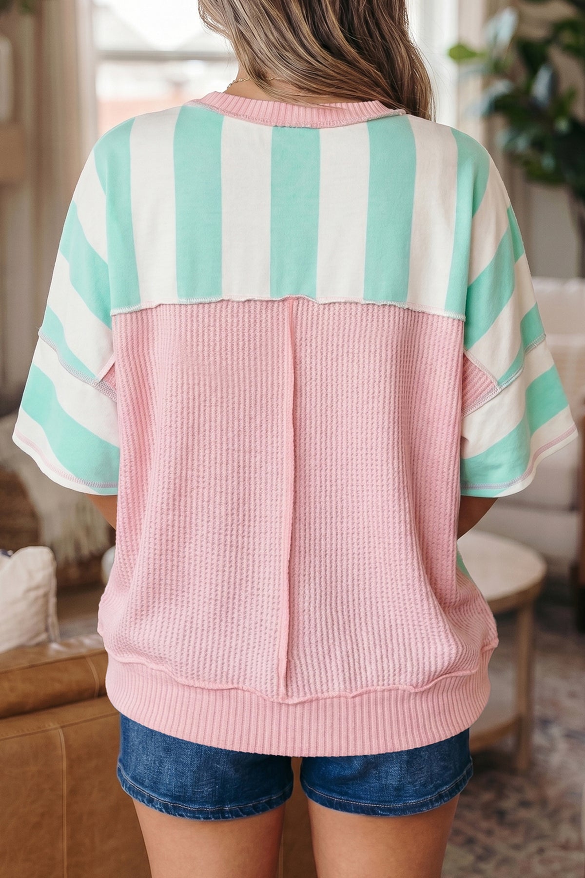 Mint Green & Cream Striped Oversized Top with Pink Contrasting Detail
