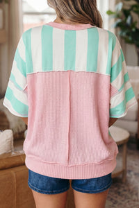 Mint Green & Cream Striped Oversized Top with Pink Contrasting Detail