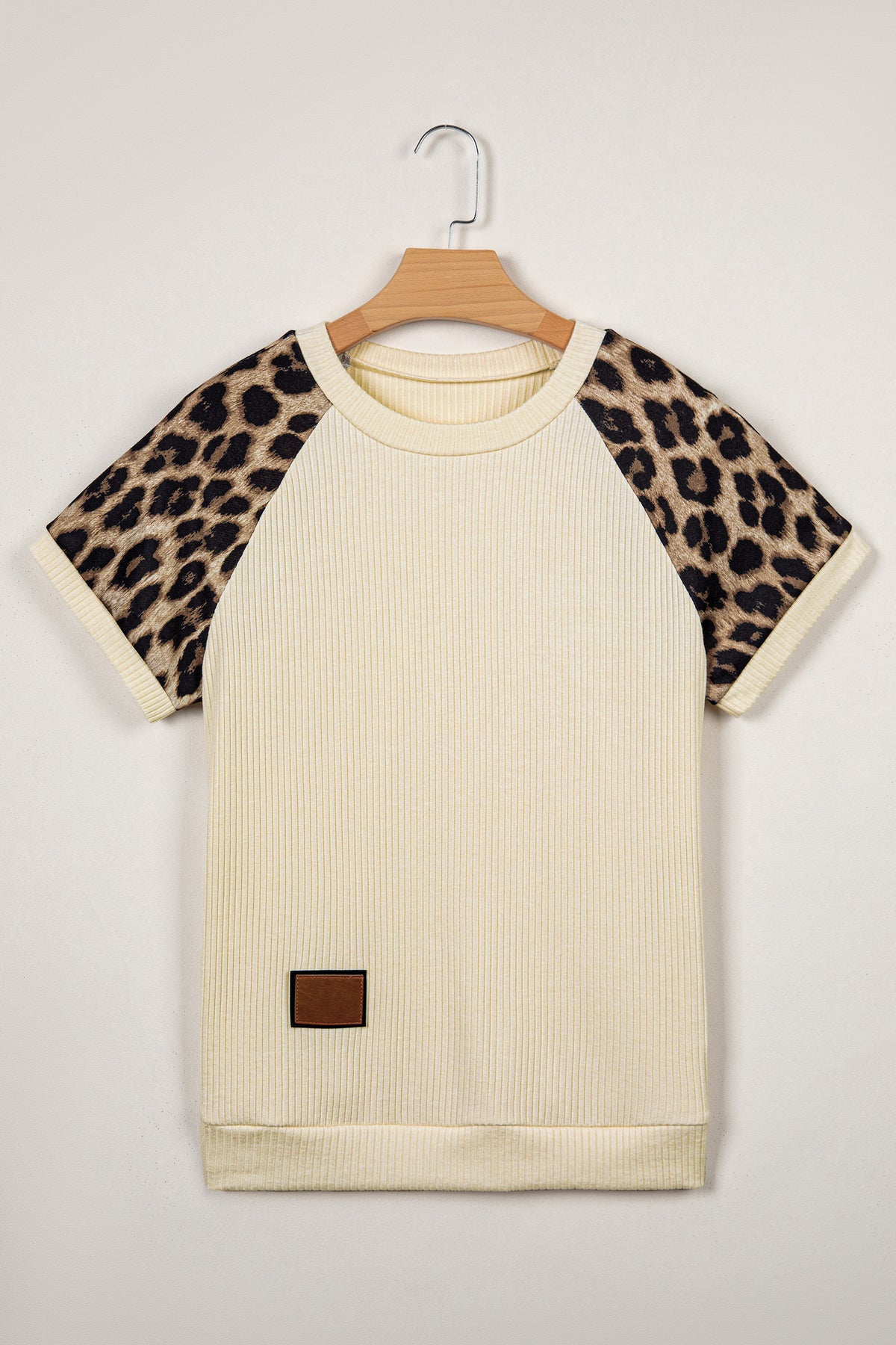 Leopard Shoulders, Soft Ribbed Round-Neck Cream Top