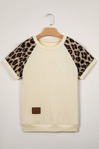 Leopard Shoulders, Soft Ribbed Round-Neck Cream Top