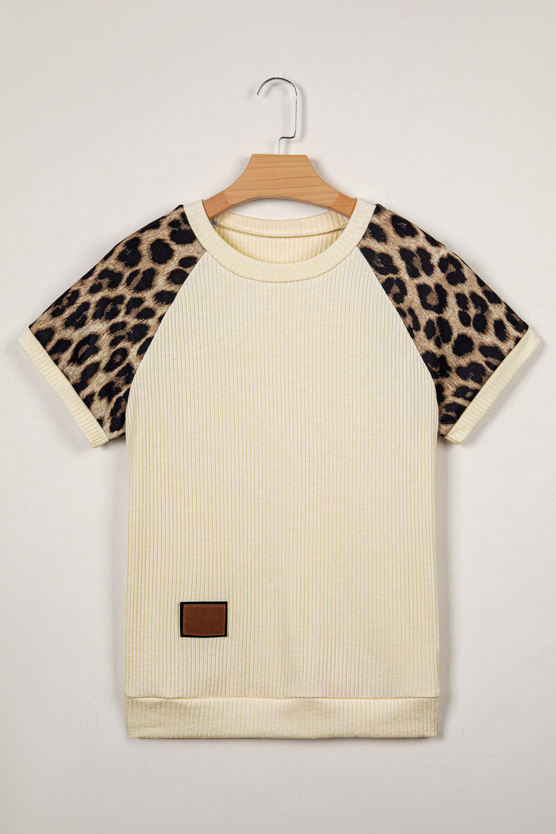 Leopard Shoulders, Soft Ribbed Round-Neck Cream Top