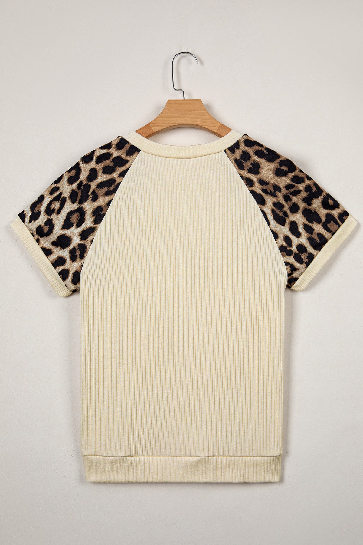 Leopard Shoulders, Soft Ribbed Round-Neck Cream Top