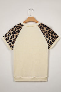 Leopard Shoulders, Soft Ribbed Round-Neck Cream Top