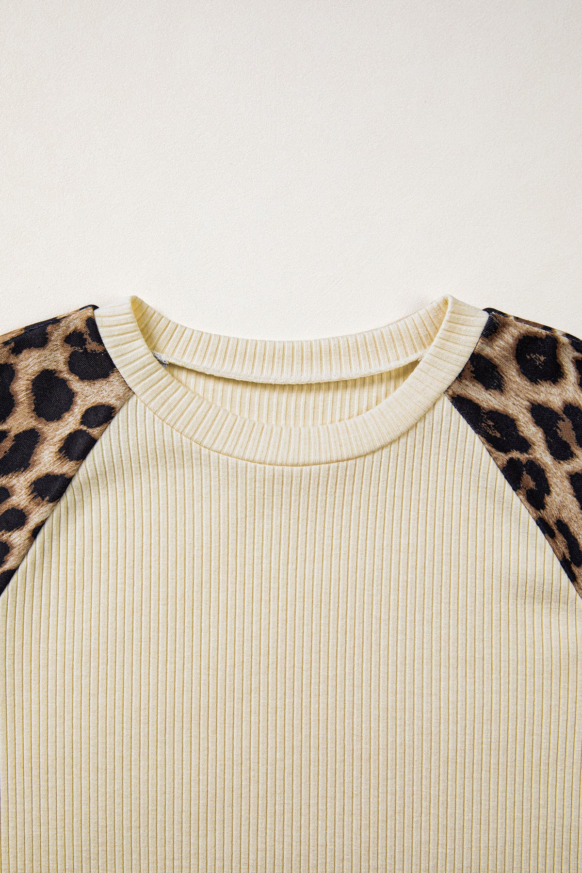 Leopard Shoulders, Soft Ribbed Round-Neck Cream Top