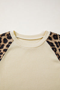 Leopard Shoulders, Soft Ribbed Round-Neck Cream Top