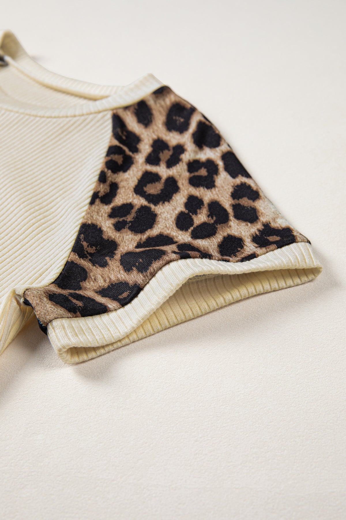 Leopard Shoulders, Soft Ribbed Round-Neck Cream Top