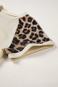 Leopard Shoulders, Soft Ribbed Round-Neck Cream Top