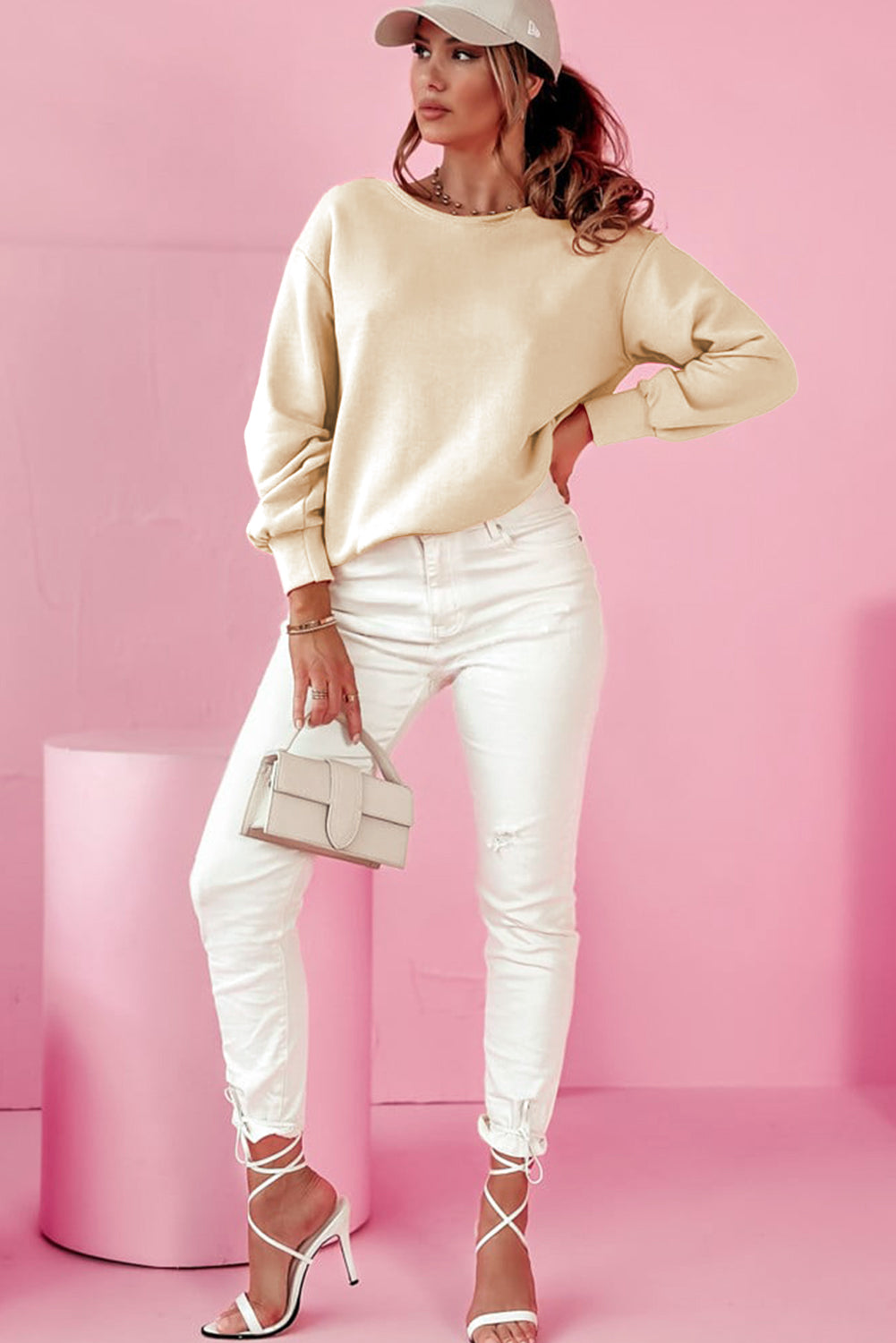 Ivory Round Neck Sweatshirt w/ Upper Back Bow
