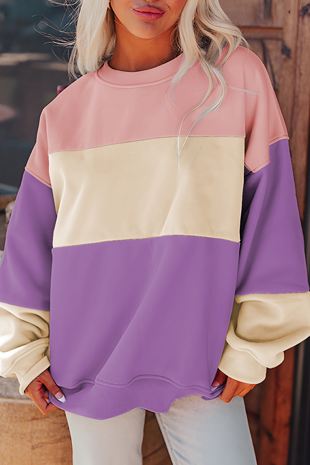 Purple, Pink & Ivory Colorblock Long-Sleeve Top