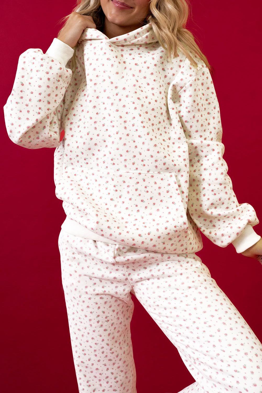 Pink and White Floral Hoodie Sweatpants Set