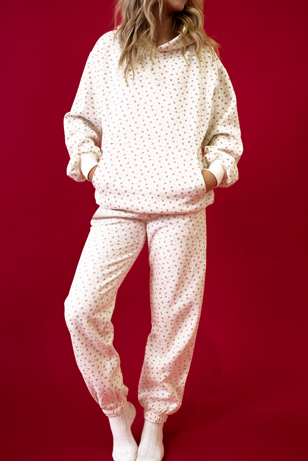Pink and White Floral Hoodie Sweatpants Set