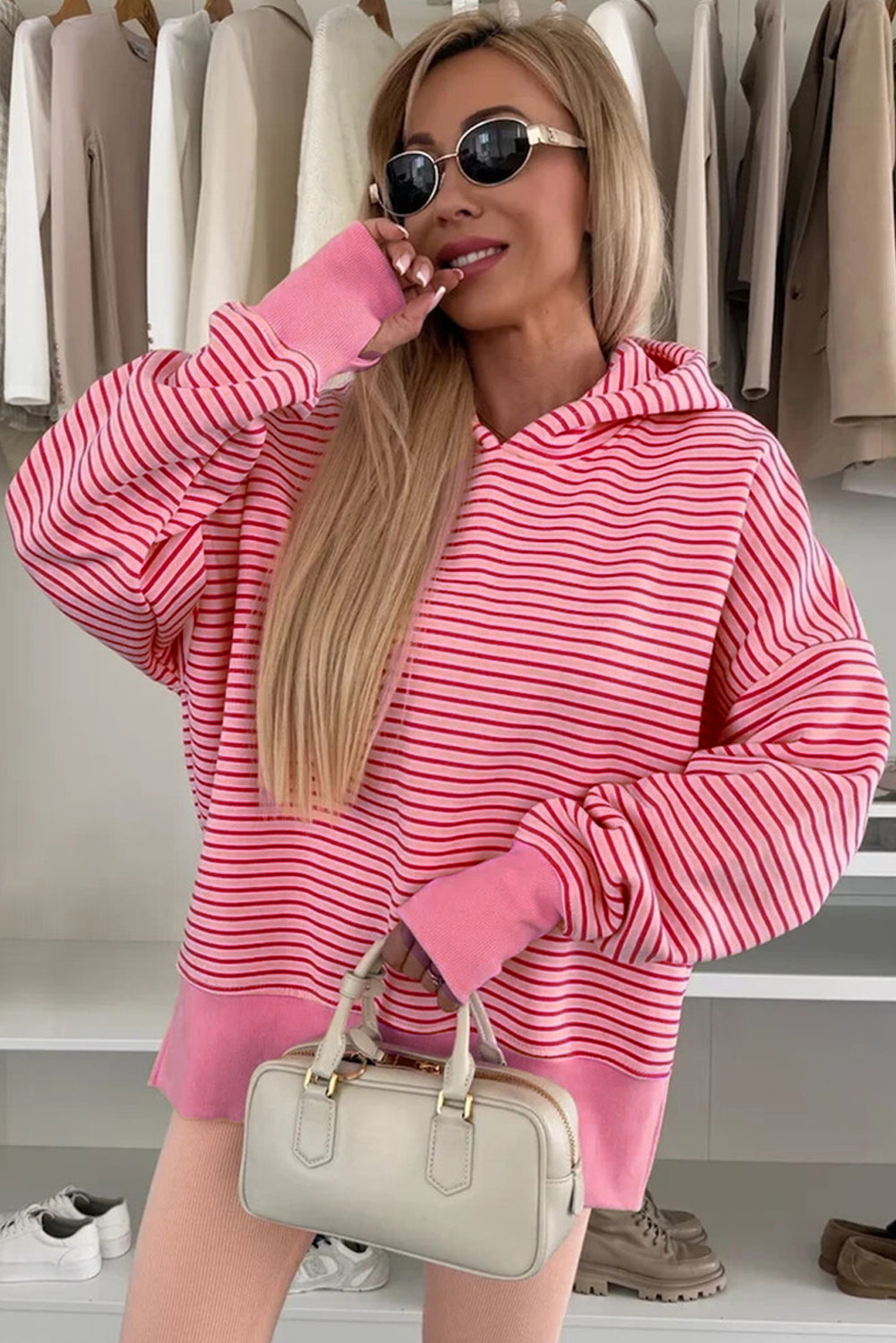 Pink & Red Striped Lightweight Spring Hoodie