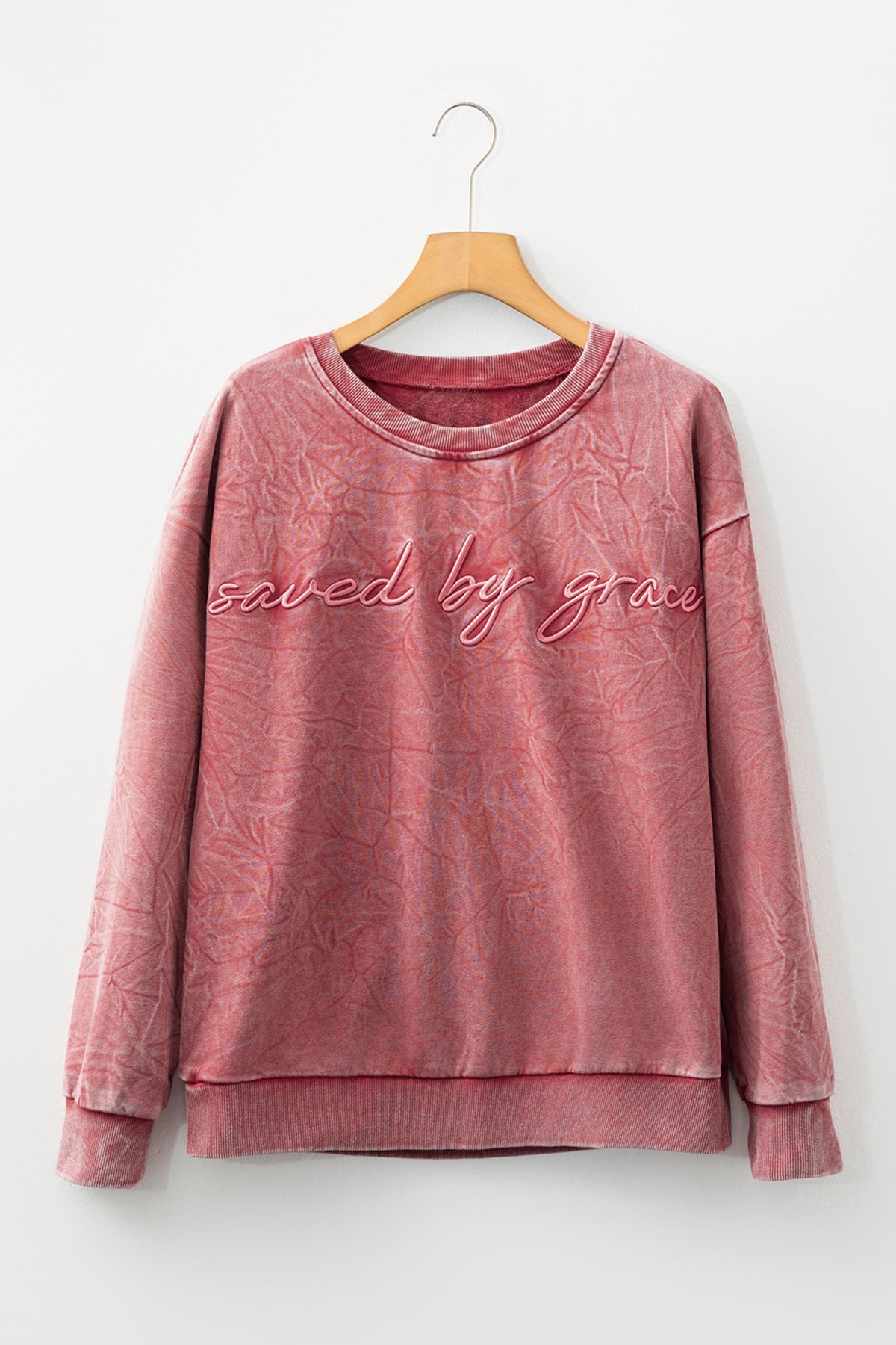 Saved By Grace (Dark Red) Letter Embroidery Mineral Wash Loose Sweatshirt