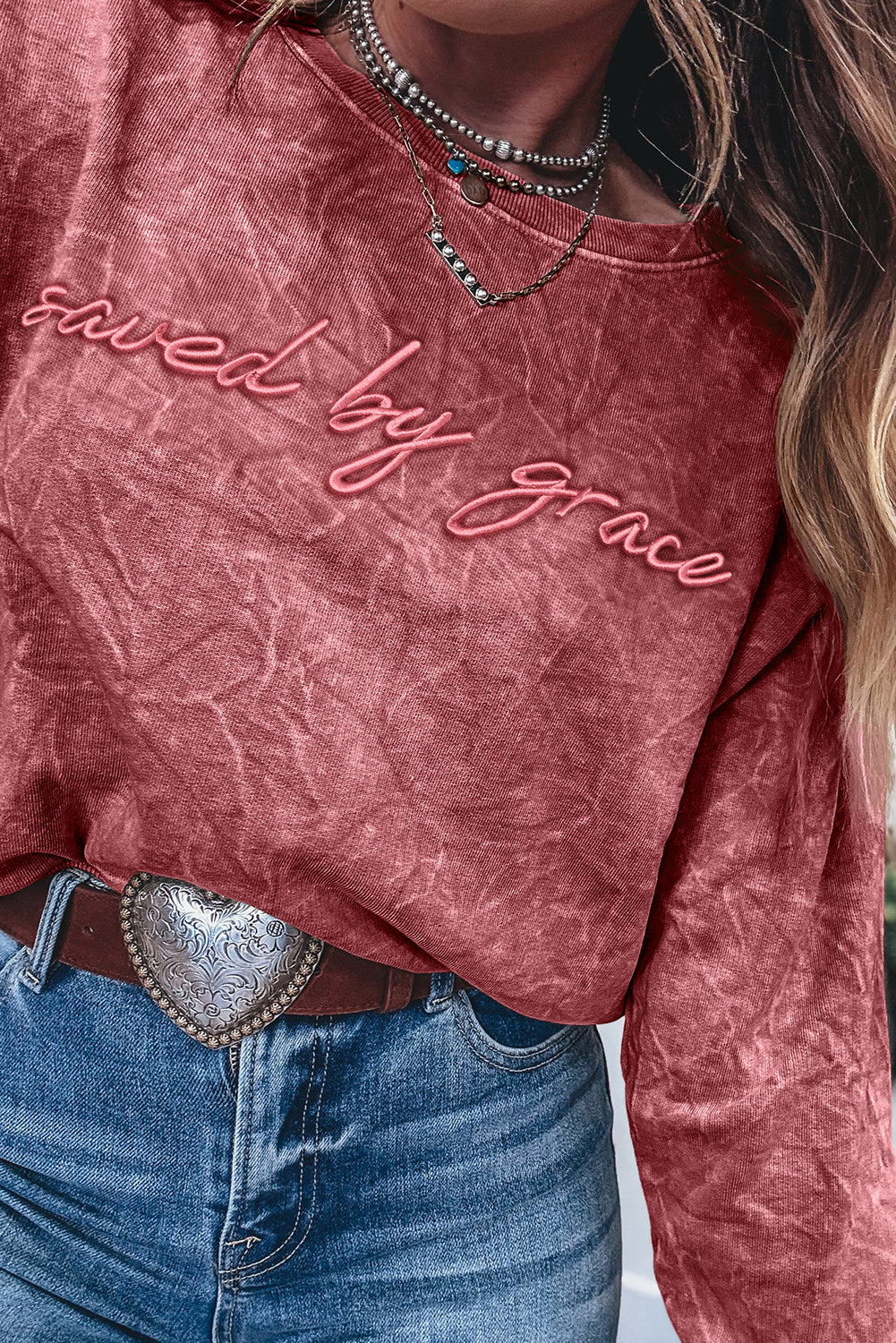 Saved By Grace (Dark Red) Letter Embroidery Mineral Wash Loose Sweatshirt