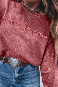 Saved By Grace (Dark Red) Letter Embroidery Mineral Wash Loose Sweatshirt