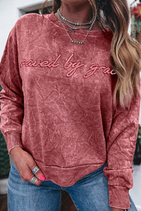 Saved By Grace (Dark Red) Letter Embroidery Mineral Wash Loose Sweatshirt