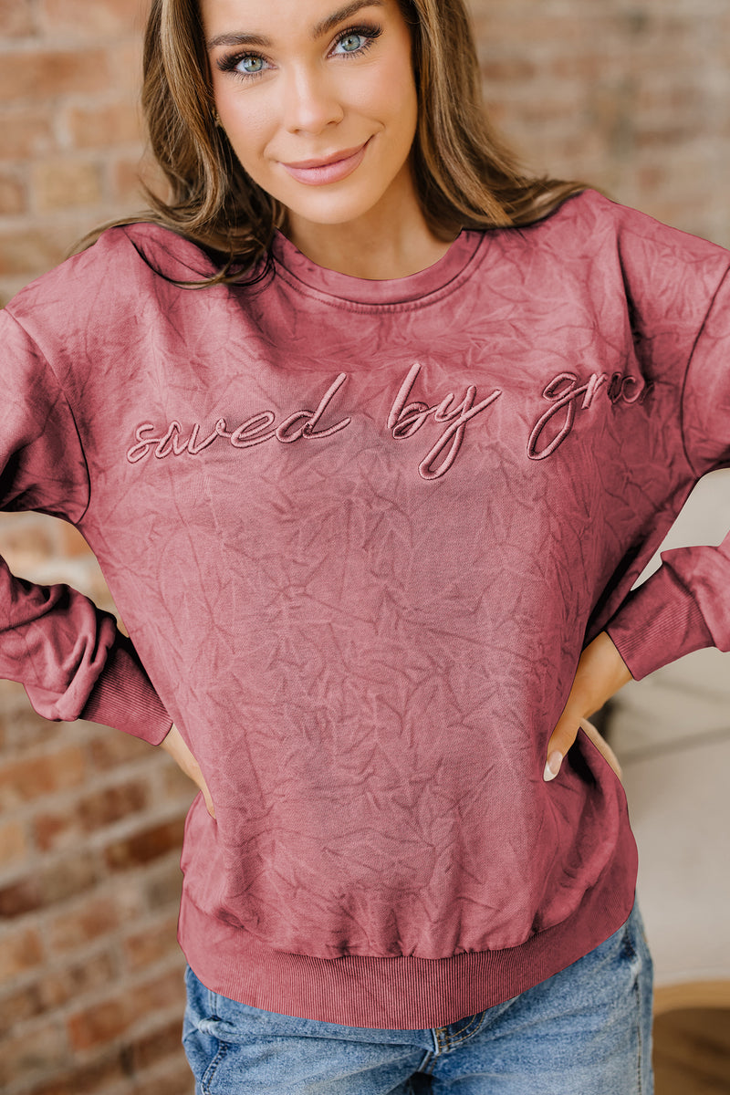 Saved By Grace (Dark Red) Letter Embroidery Mineral Wash Loose Sweatshirt