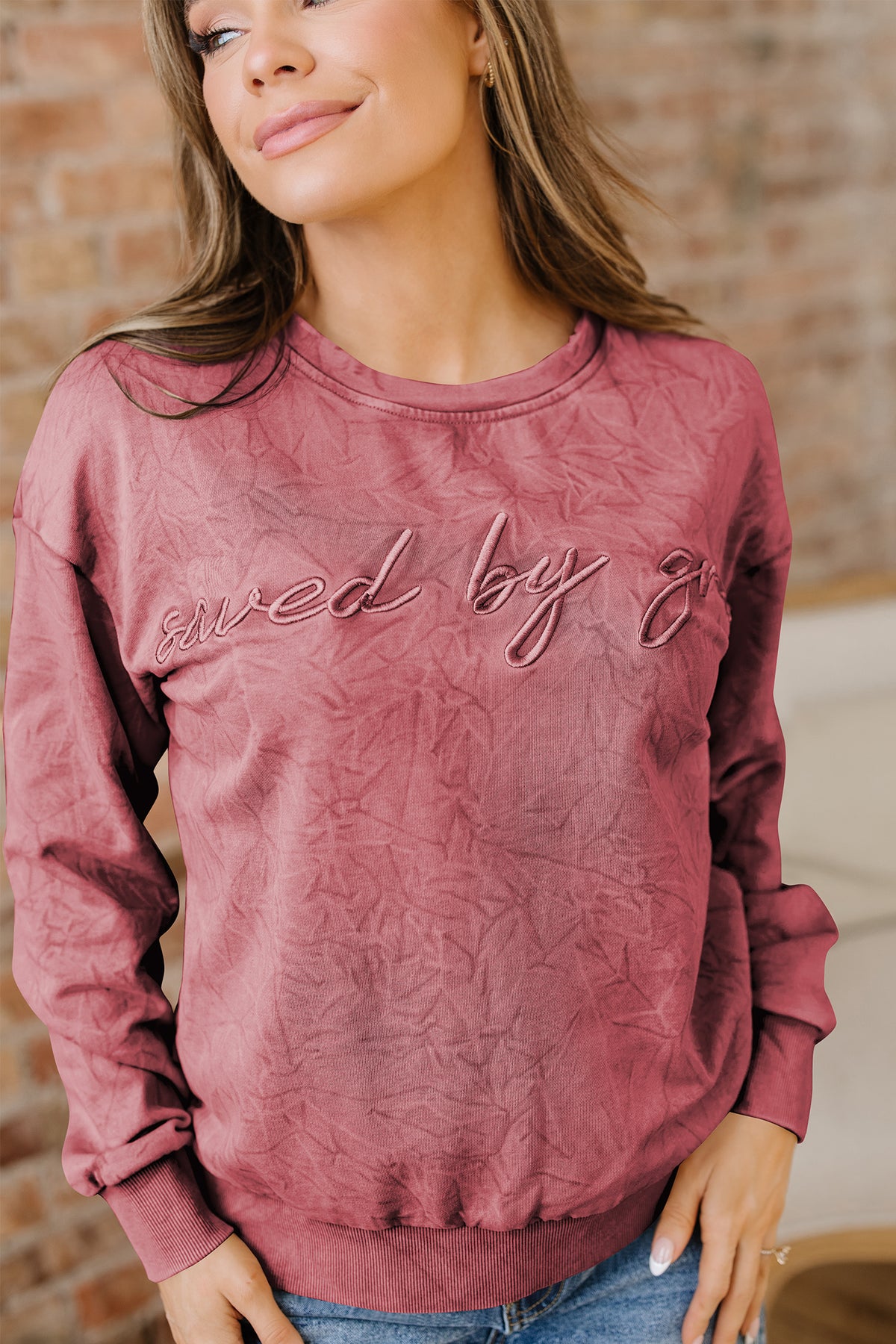 Saved By Grace (Dark Red) Letter Embroidery Mineral Wash Loose Sweatshirt