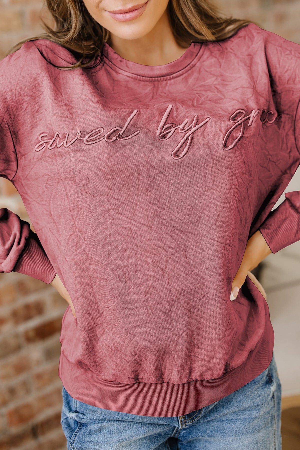 Saved By Grace (Dark Red) Letter Embroidery Mineral Wash Loose Sweatshirt