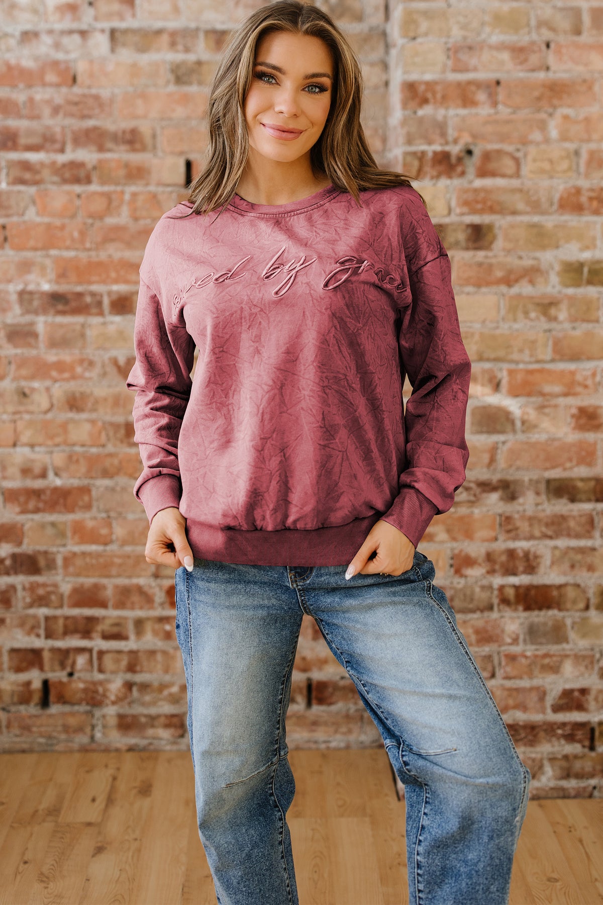Saved By Grace (Dark Red) Letter Embroidery Mineral Wash Loose Sweatshirt
