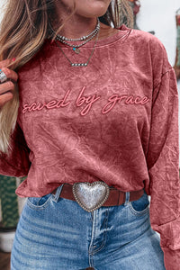 Saved By Grace (Dark Red) Letter Embroidery Mineral Wash Loose Sweatshirt