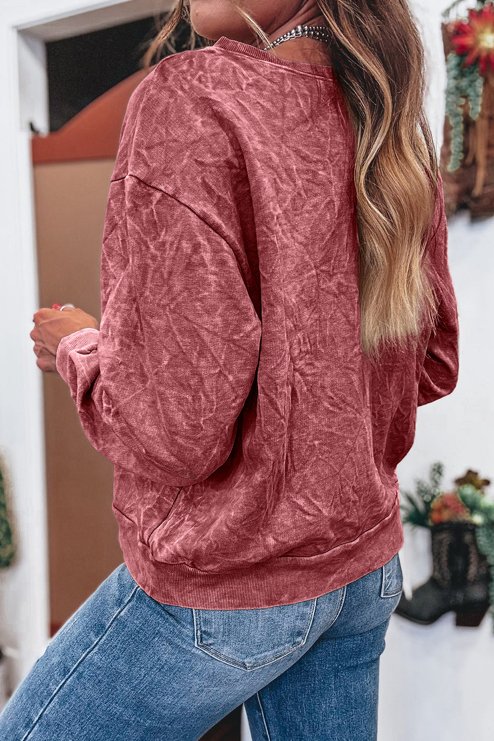 Saved By Grace (Dark Red) Letter Embroidery Mineral Wash Loose Sweatshirt