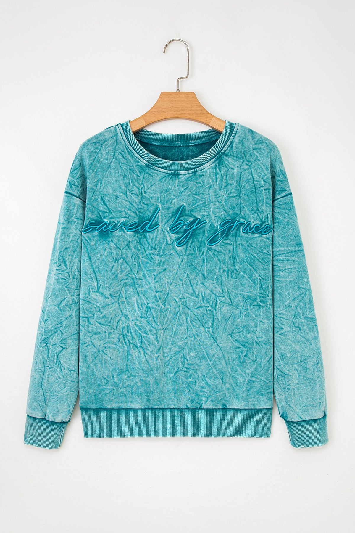 Saved By Grace (Teal) Letter Embroidery Mineral Wash Loose Sweatshirt