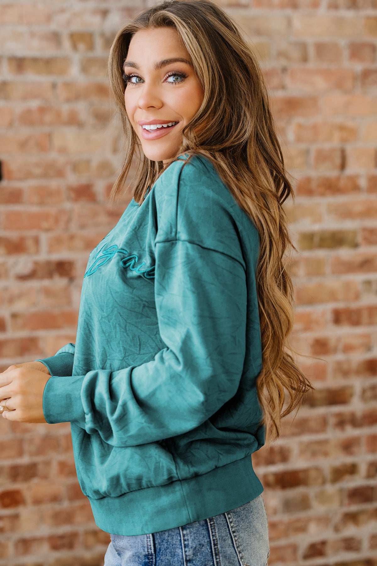 Saved By Grace (Teal) Letter Embroidery Mineral Wash Loose Sweatshirt