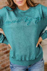 Saved By Grace (Teal) Letter Embroidery Mineral Wash Loose Sweatshirt