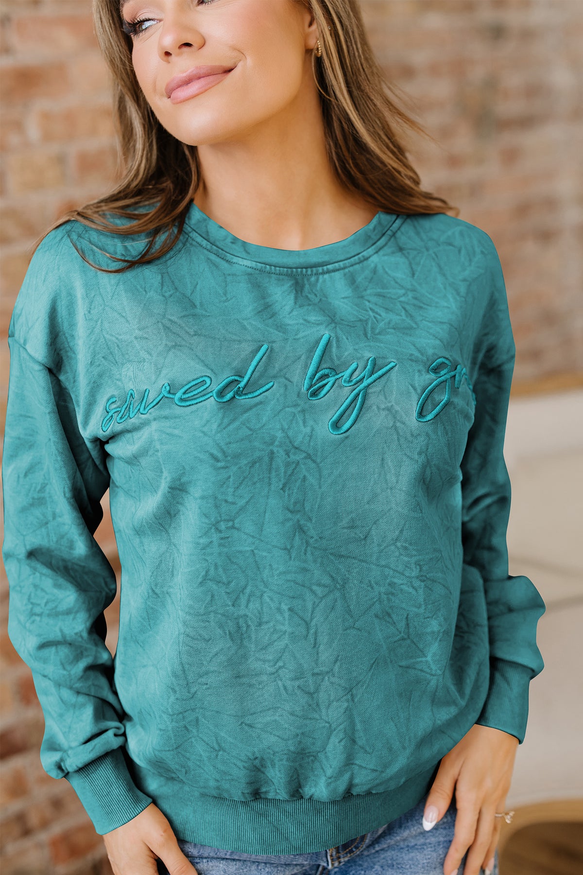 Saved By Grace (Teal) Letter Embroidery Mineral Wash Loose Sweatshirt