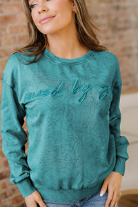 Saved By Grace (Teal) Letter Embroidery Mineral Wash Loose Sweatshirt