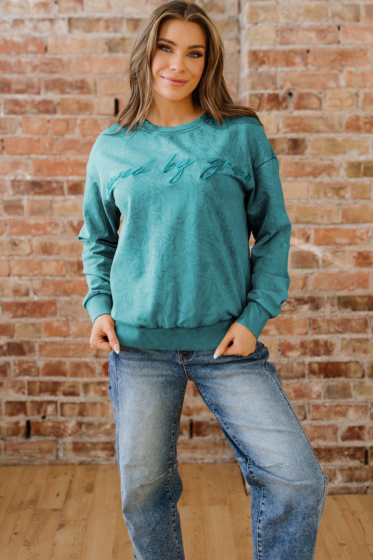 Saved By Grace (Teal) Letter Embroidery Mineral Wash Loose Sweatshirt