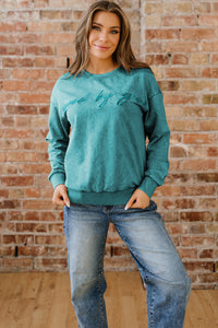 Saved By Grace (Teal) Letter Embroidery Mineral Wash Loose Sweatshirt
