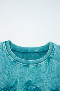 Saved By Grace (Teal) Letter Embroidery Mineral Wash Loose Sweatshirt