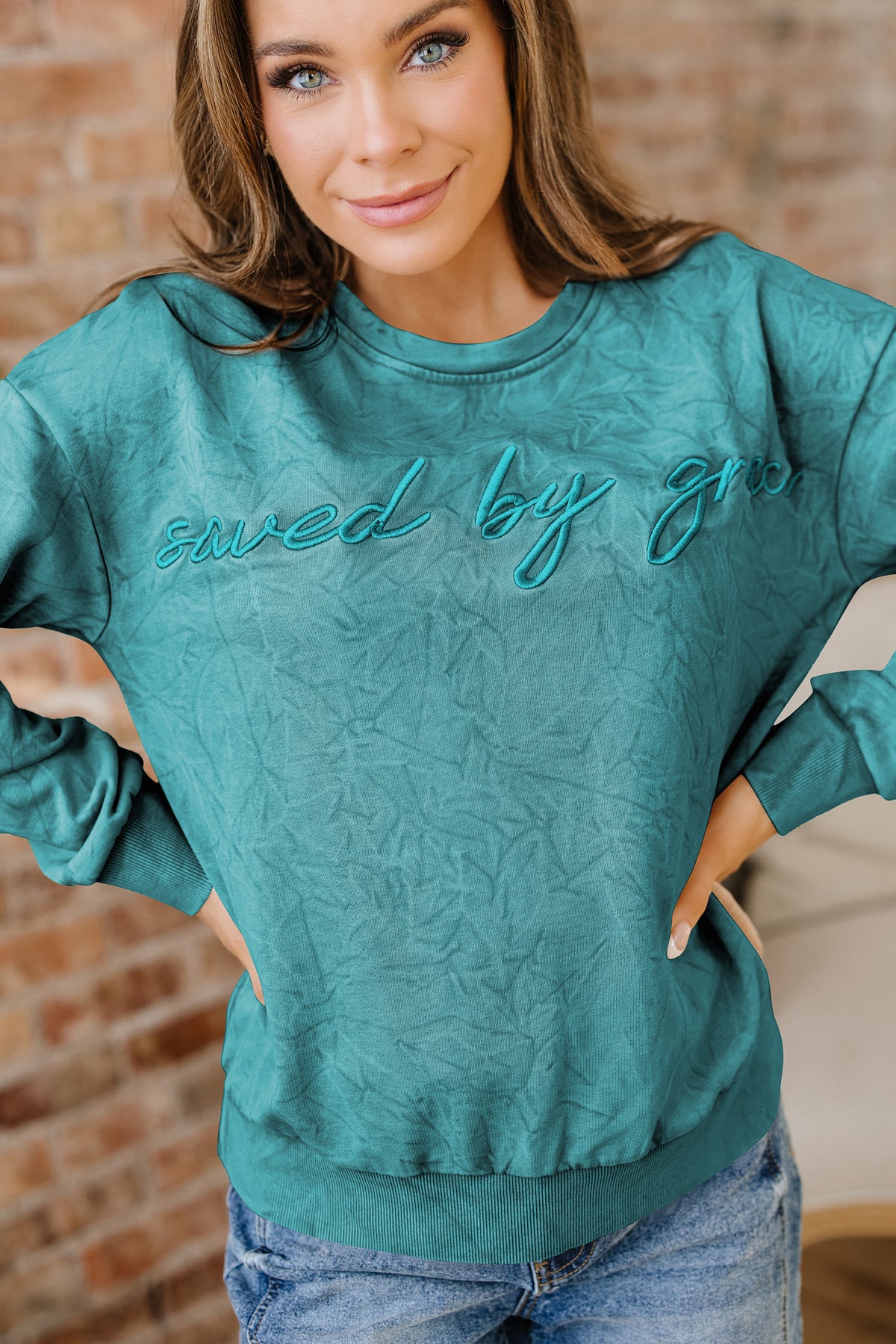 Saved By Grace (Teal) Letter Embroidery Mineral Wash Loose Sweatshirt