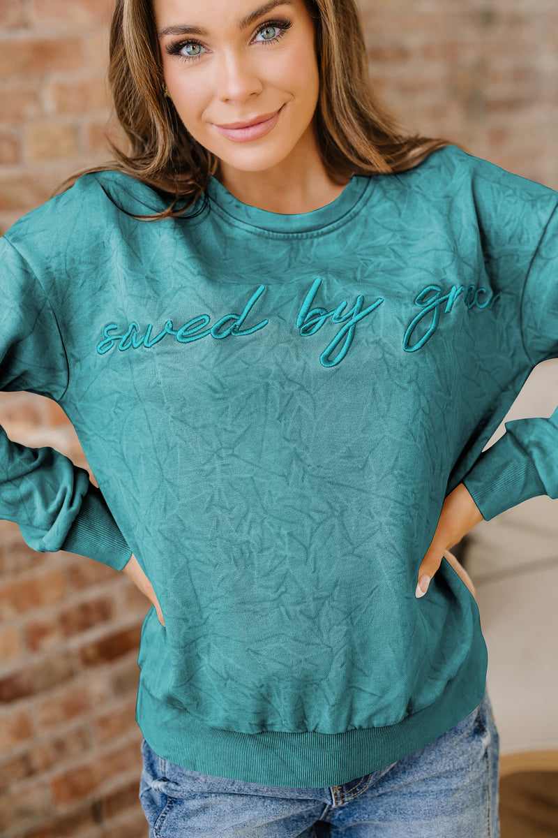 Saved By Grace (Teal) Letter Embroidery Mineral Wash Loose Sweatshirt