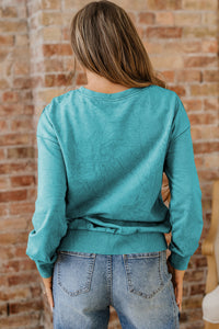 Saved By Grace (Teal) Letter Embroidery Mineral Wash Loose Sweatshirt