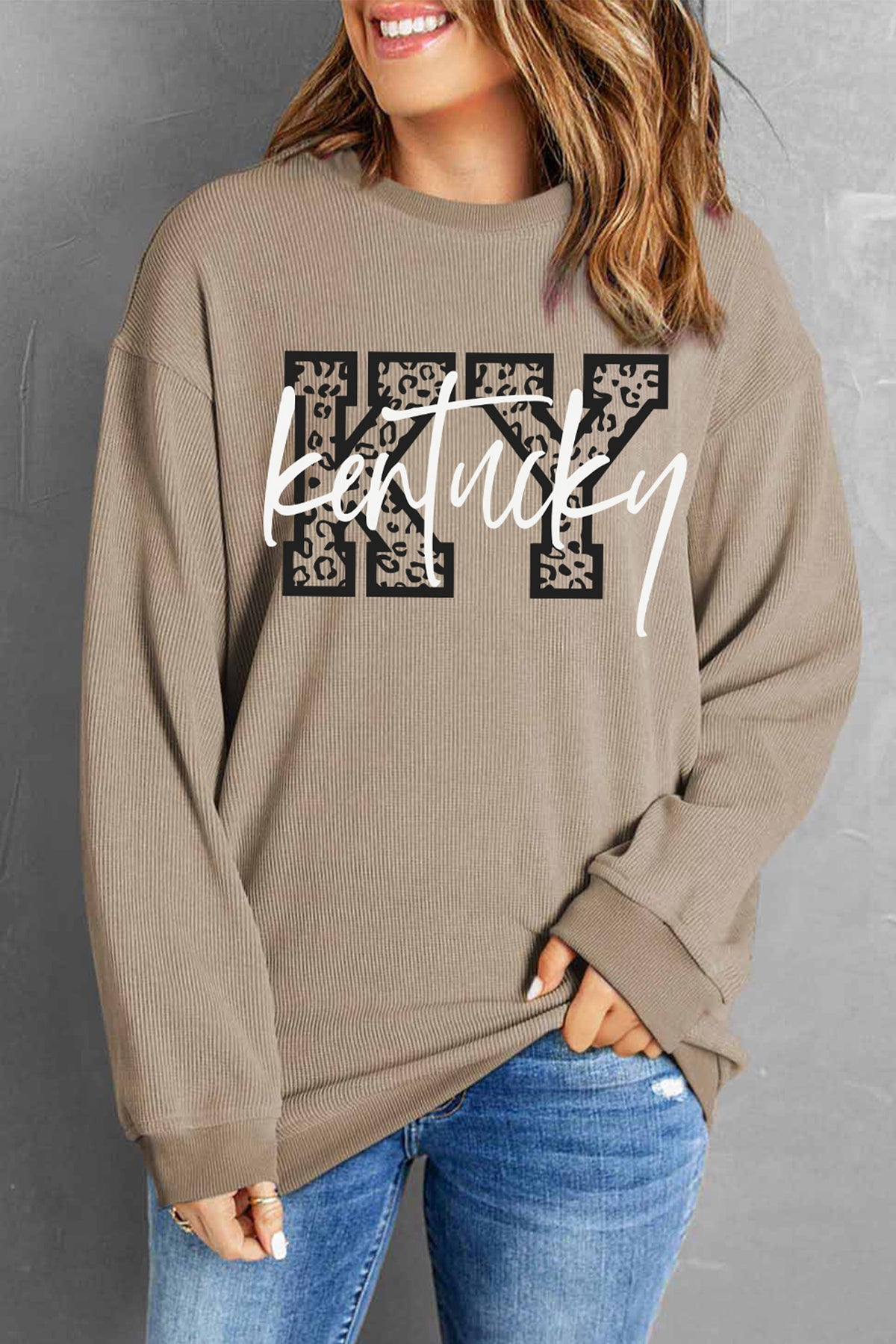 Light Beige Kentucky KY Leopard Baggy Ribbed Long Sleeve Shirt
