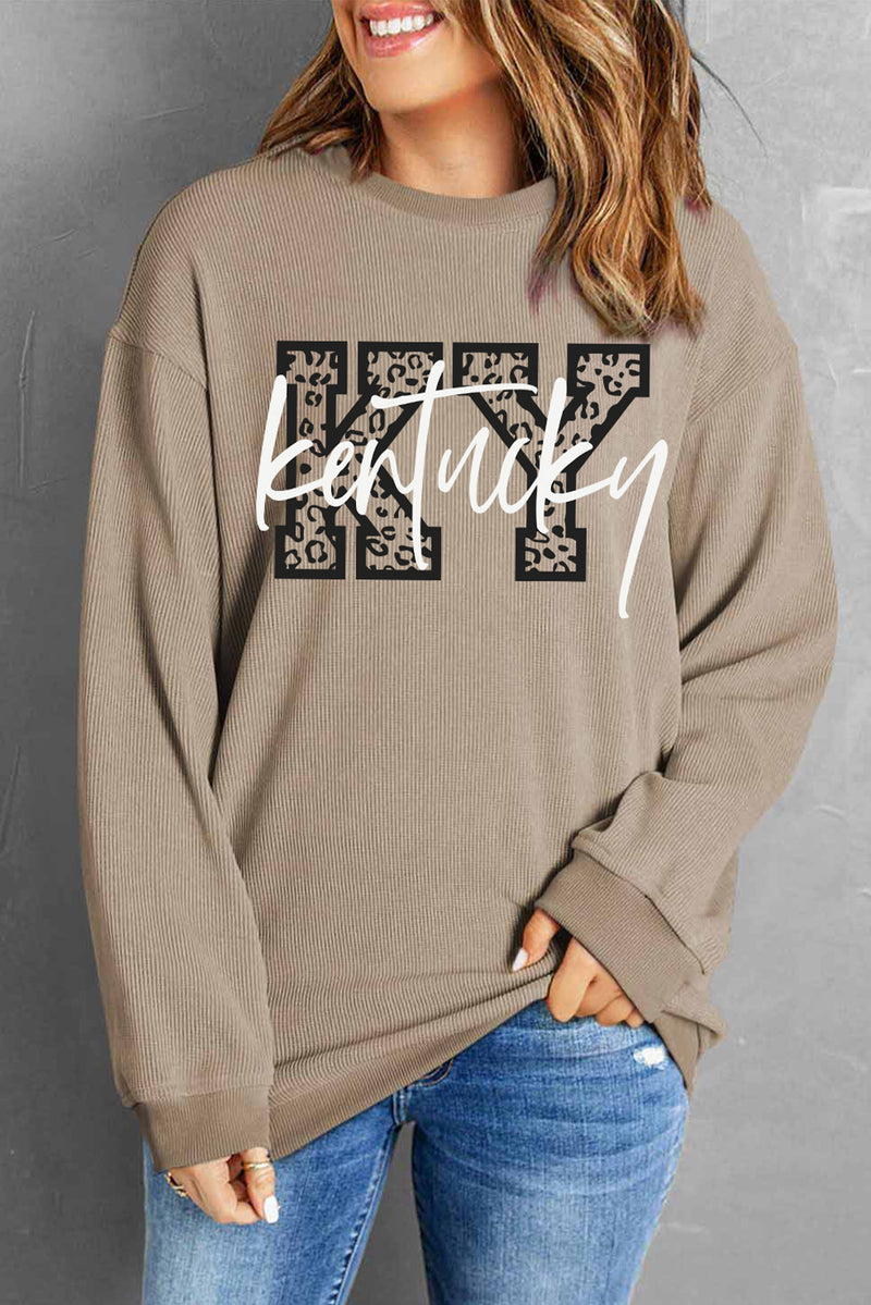 Light Beige Kentucky KY Leopard Baggy Ribbed Long Sleeve Shirt