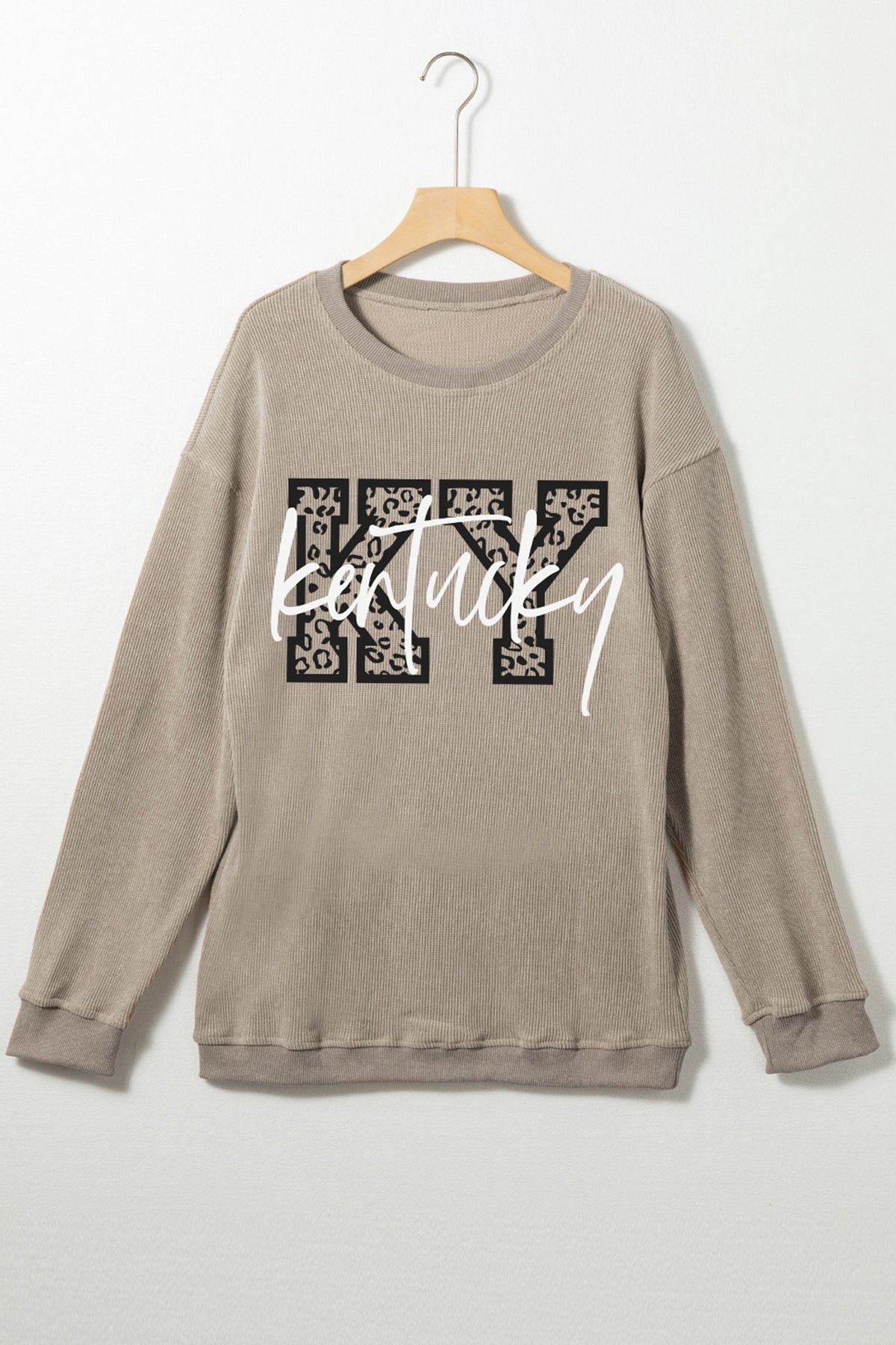 Light Beige Kentucky KY Leopard Baggy Ribbed Long Sleeve Shirt