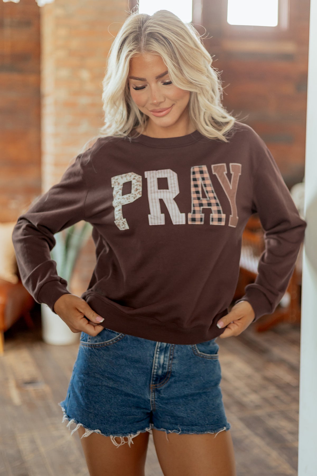 Patchwork PRAY Dark Brown Lightweight Sweatshirt