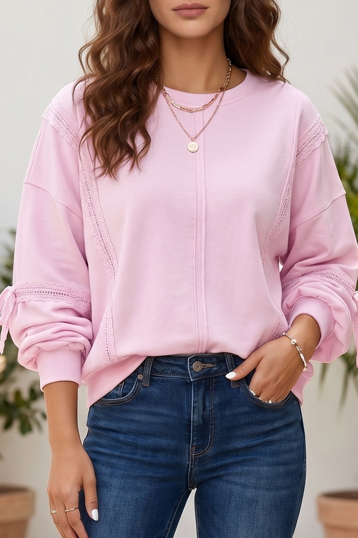 Soft Pink Lightweight Sweatshirt w/ Lace Detail