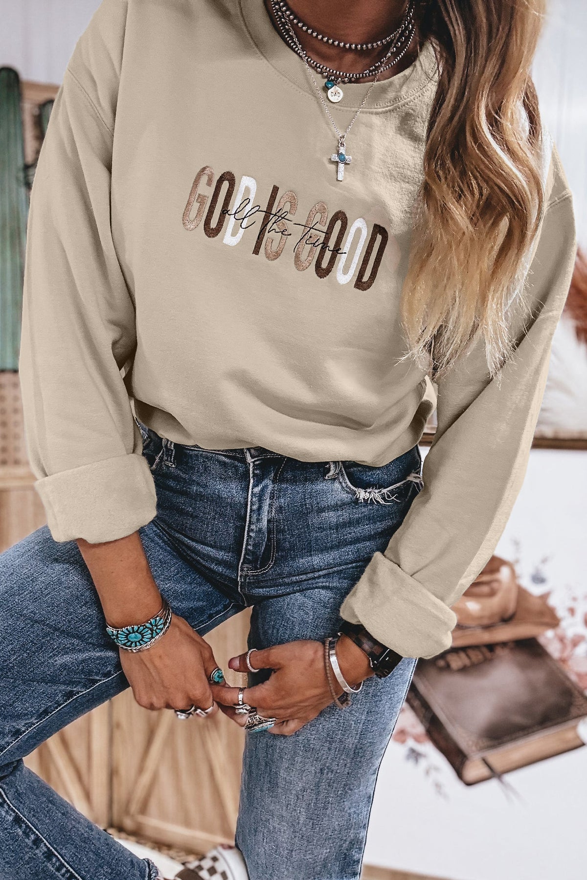 God Is Good (Beige) Embroidered Sweatshirt